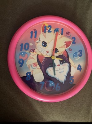 Lisa Frank Vintage Bubble Kittens Wall Clock Hot Pink 9.5  Tested/Works Perfect