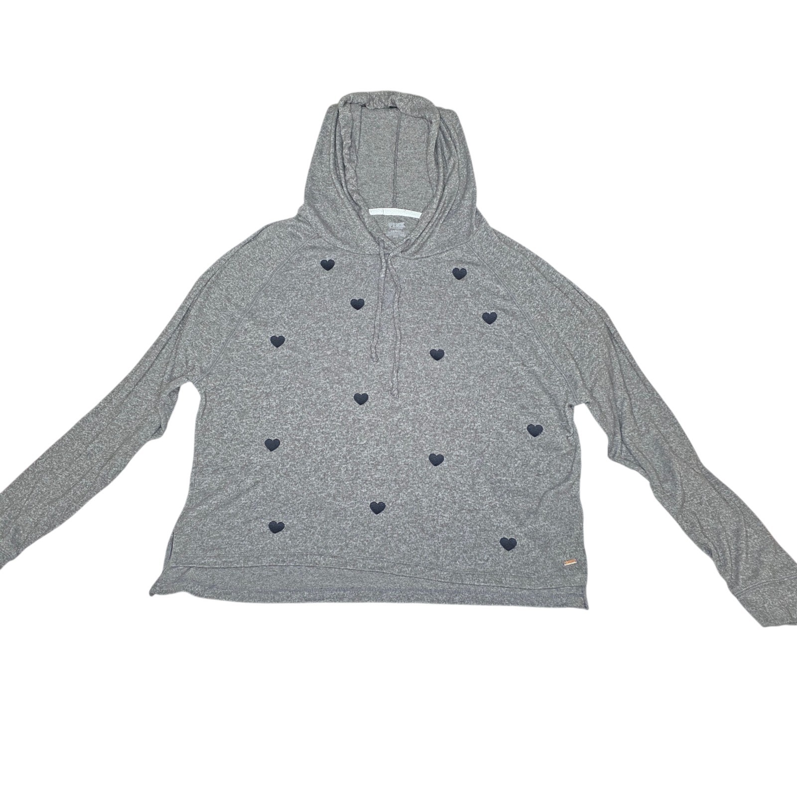 PINK by Victoria's Secret Gray Lightweight Hoodie With Embroidered Hearts. Sz LG