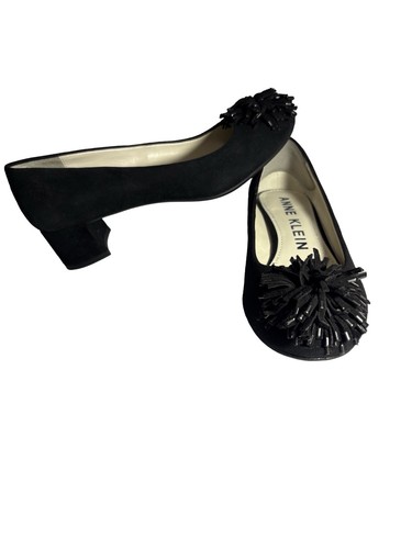 ANNE KLEIN Happy Womens Sz 6M Slip On Suede Pom Pom Block Heel Shoes Black - Picture 2 of 9