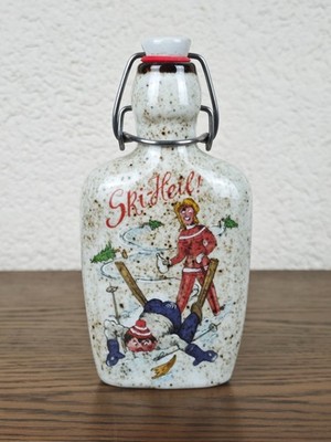 Vintage Porzellan Flasche Ski-Heil Bügelverschluss Retro Flachmann Skifahrer 18c