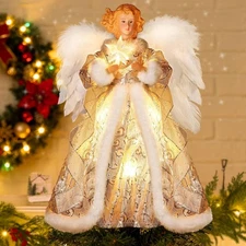[Timer & Angel] 12 Inch Lighted Christmas Angel Tree Topper with Lights, Luxury