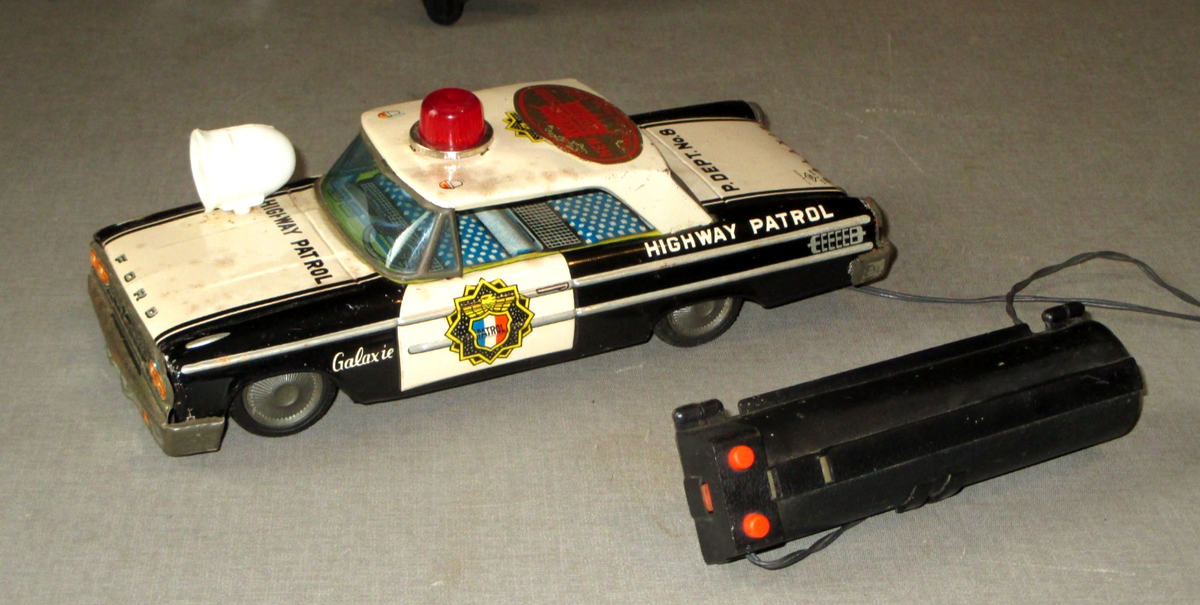 1963 FORD GALAXIE HIGHWAY PATROL POLICE CAR-BATTERY LIGHT TIN TOY