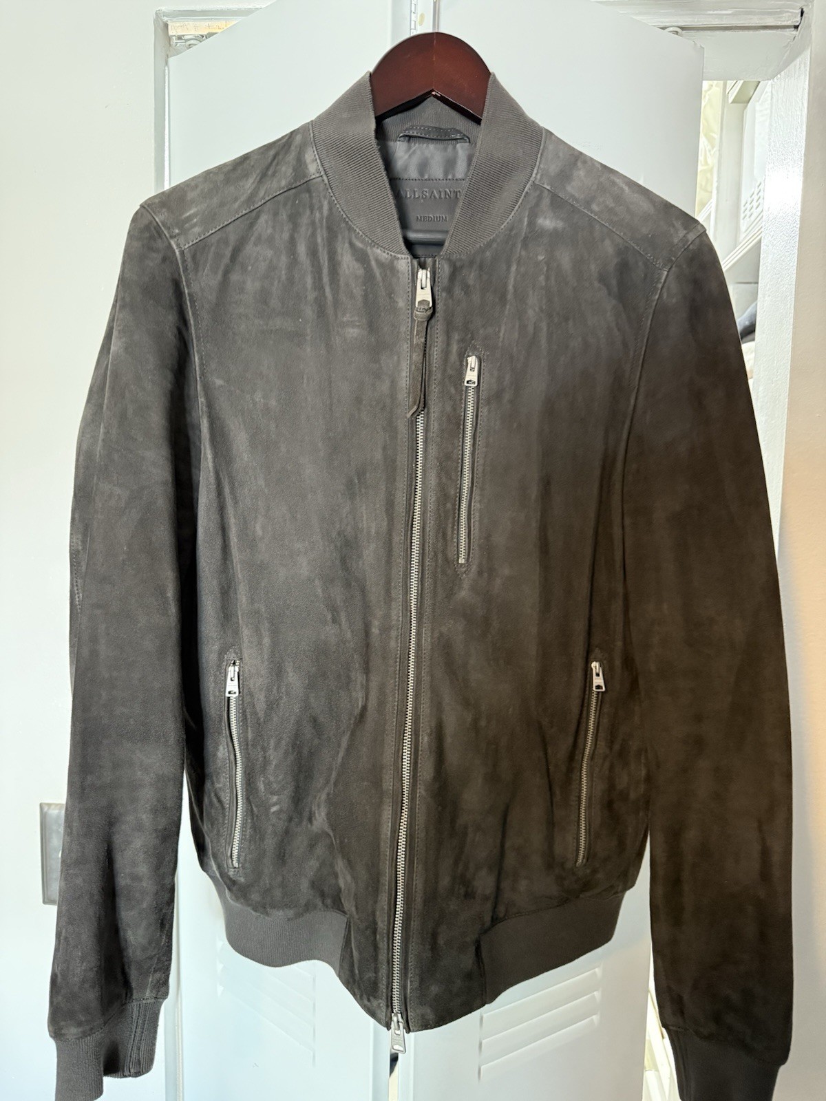 AllSaints Men's Kemble Suede Bomber Jacket Gray, Size M
