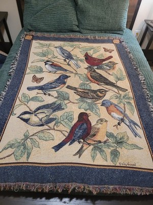 Vicky Howard vintage bird motif tapestry throw blanket with a fringe border