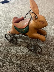 Antique Vintage Easter Rabbit Pull Toy | Composition Bunny on Metal Tricycle
