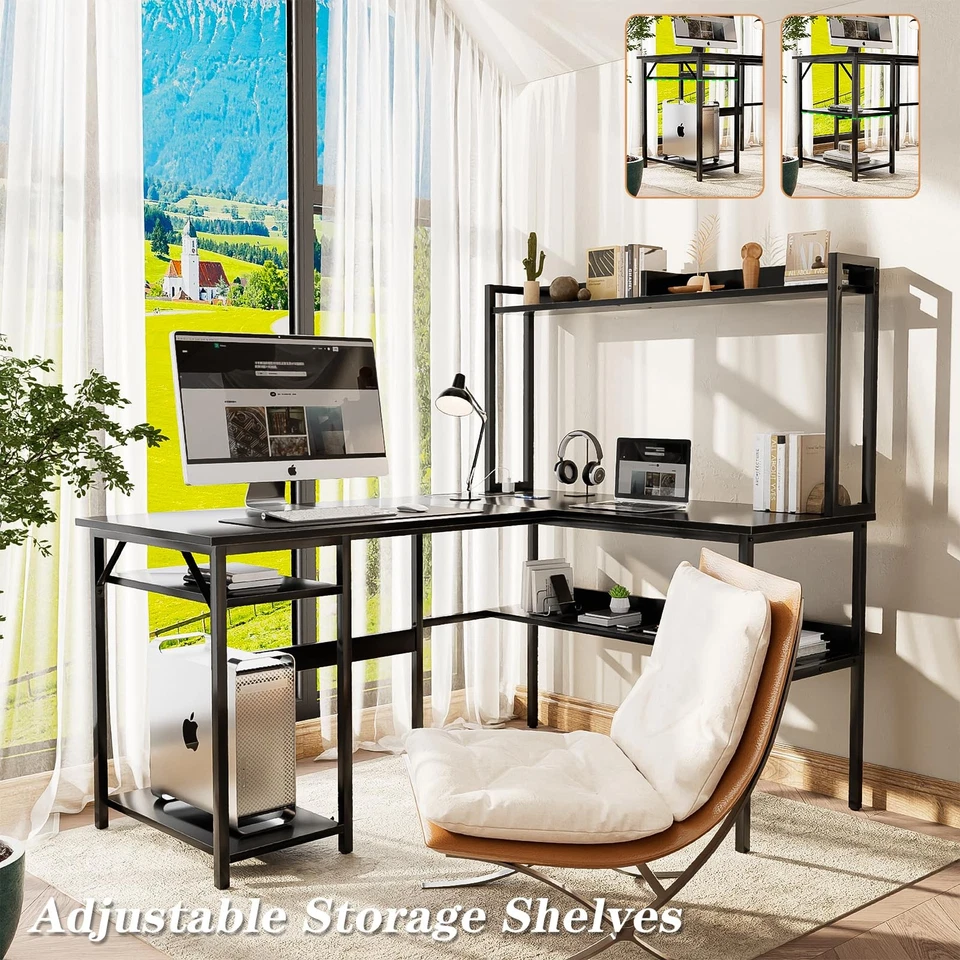 Escritorio para ordenador en forma de L con funda y estantes de almacenamiento, escritorio para juegos con LED L... Foto 3 de 4