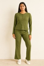 Ribbed Co-ord Lounge Set   Buttoned Top  Wide-Leg Pants