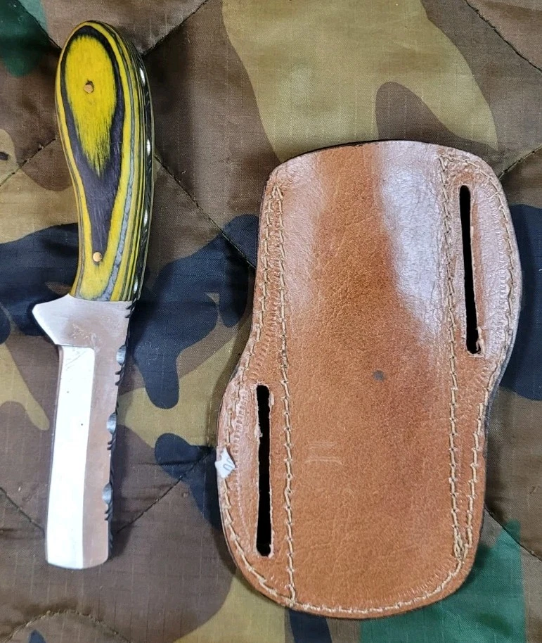 2.5 In Bull Cutter Knife With Brown Leather Sheath Gray And Yellow Wood Handle - Image 2 of 4