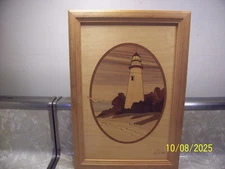 Hudson River Wood Inlay Marquetry Framed Lighthouse Scene By Nelson