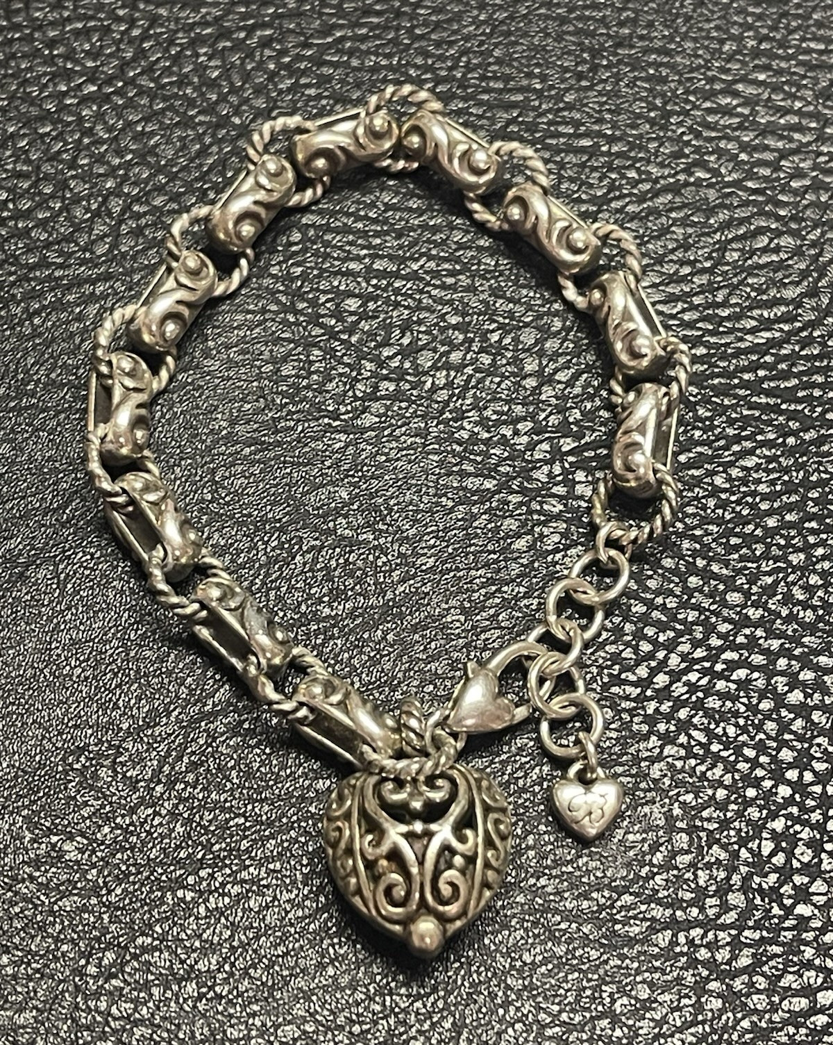 Brighton Silver Tone Heart Dangle Link Chain Bracelet, Adjustable Lobster Clasp