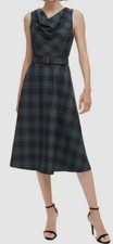 Vince Camuto Women's Blue Belted Plaid Cowl-Neck Fit & Flare Dress Size 12