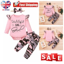 UK Newborn Baby Girls Clothes Ruffle Romper Bodysuit Tops Camo Pants Outfit Set