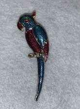 Vintage Blue Red Enamel Macaw Parrot Tropical Bird Brooch 2.25” Gold tone Shiny