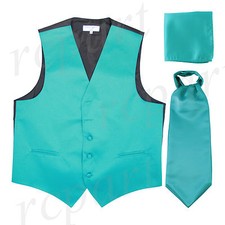 New Men's Vesuvio Napoli Tuxedo Vest Ascot Cravat Hankie set prom party Teal