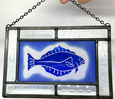 Cobalt Blue Stained Glass Fish Sun Catcher Etched Frosted