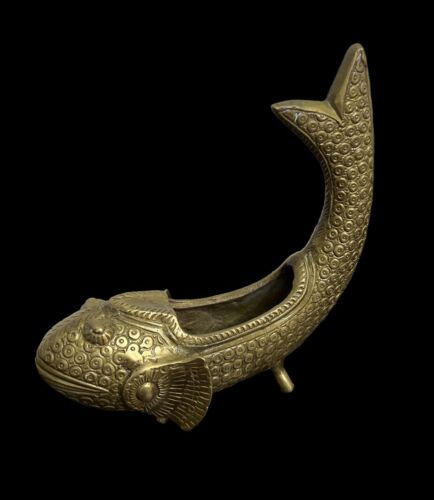  Mid Century Art Deco Solid Brass Fish Detailed Figurine Planter - Afbeelding 1 van 7
