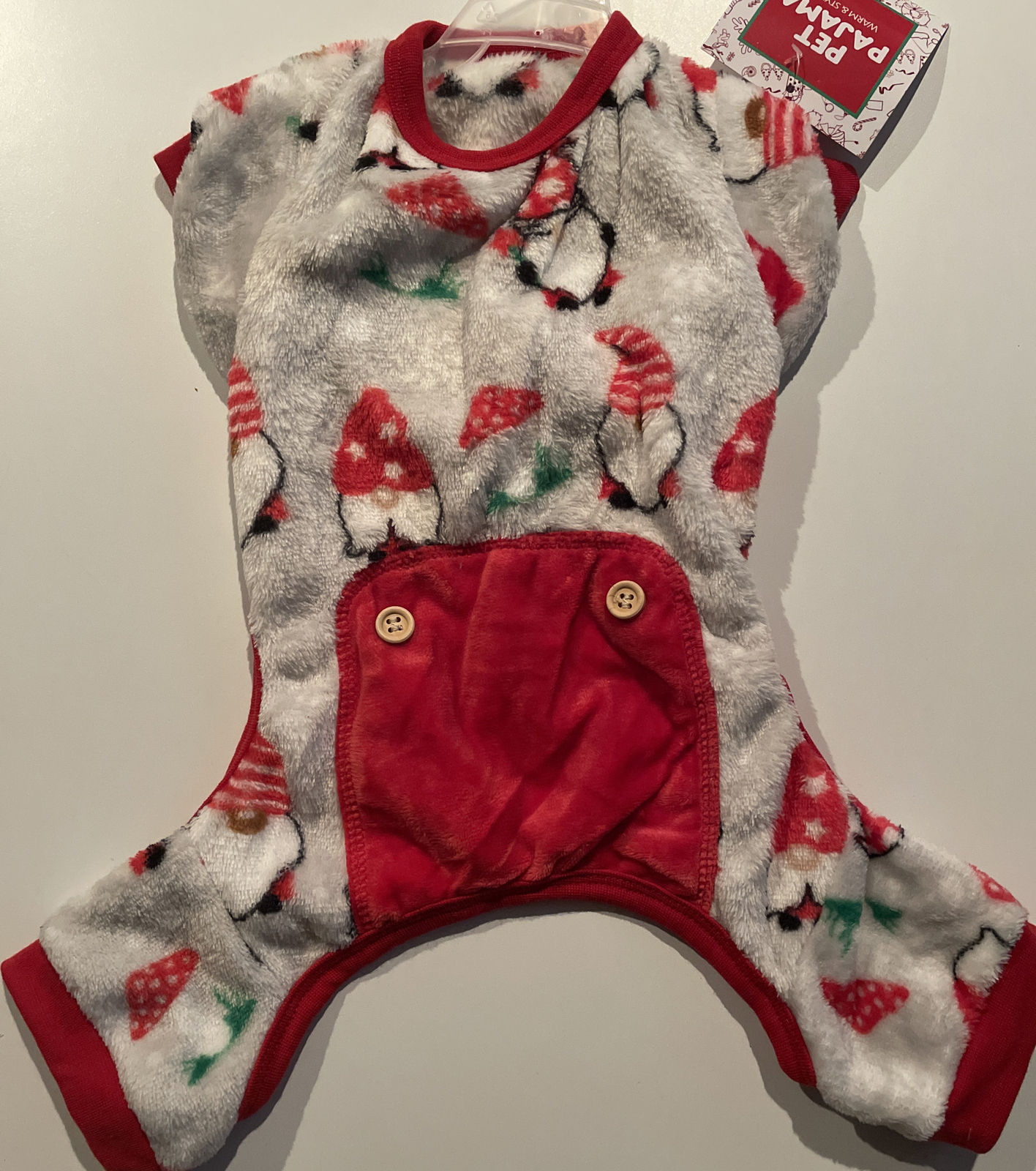 Dog Pajamas Warm And Plush with gnome’s Red And Gray size Medium