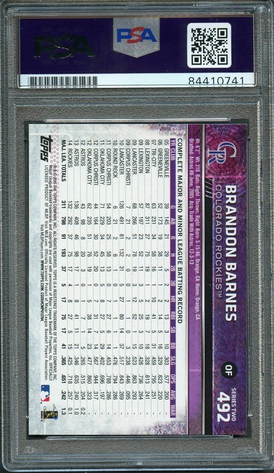 2015 Topps #492 Brandon Barnes Signed Card PSA Slabbed Auto 10 Rockies - Image 2 of 2