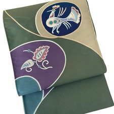 Unused Japanese Kimono Silk Casual FUKURO OBI Sash Belt Green Multicolor