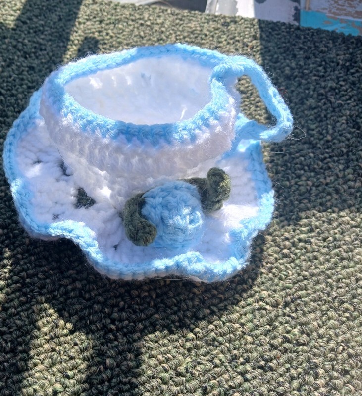 crochet teacup With Blue Rose new Hand-made From 100% Acrylic Yarn
