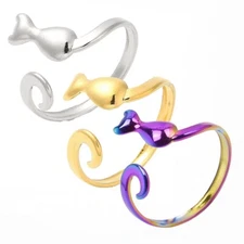 Stainless Steel Non-Tarnish Adjustable Ring Cat Kitten Shape Animal Pet R2