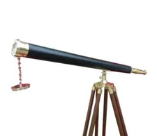 Nautical Maritime Brass Leather Antique Telescope 40" With Wooden Tripod Stand