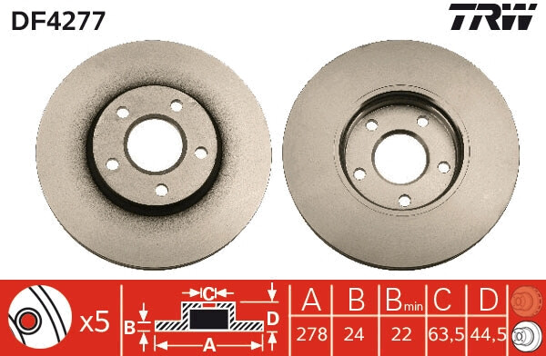 Disque de frein DF4277 TRW pour FORD en pack de 2 pièces pour essieu avant