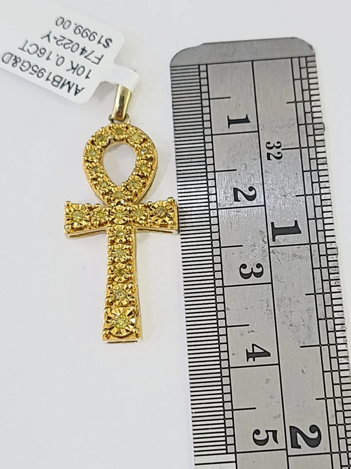 Colgante con dije de cruz Ankh de 10K diamante amarillo natural Foto 3 de 4