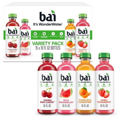 Bai Wonder Water Flavored Water Variety Pack 18 fl oz Bottles, 15 Pack