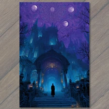 Art Print Girl Faces Towering Haunted House Cracked Path Full Moons Split Sky