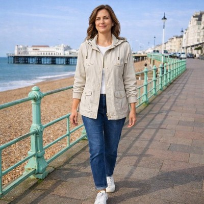 Jones New York Packable Anorak Jacke UK 22 stone beige Kapuze leicht neu mit Etikett