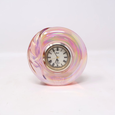 Fenton Clock Carnival Glass Iridescent Pink Paperweight Leaf Works Mini 3''