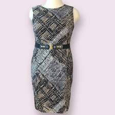 Jones Wear Vintage Sleeveless Shift Dress Casual Stretch Belt 14 Geometric Brown