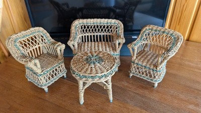 VTG Rattan Wicker Doll Bear Love Seat Chairs Table Furniture Set  Green Stripe 