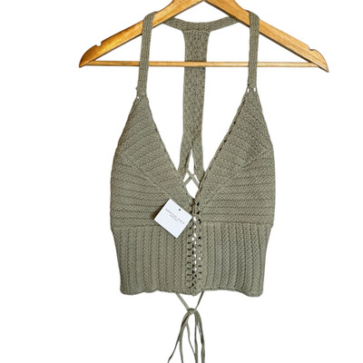 NWT American Eagle Crocheted Halter Top Women s Large Sage Green Boho Hippie Bow