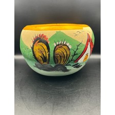Hand Painted Folk Art Flower Plant Pot Terra Cotta House Scene Decor Mexican 7"