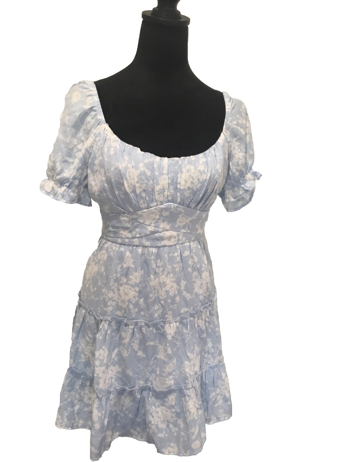 trixxi dress Sz L Blue Mini Floral Toile Tiered Puff Sleeve