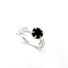 Natural Black Onyx Round Shape Leaf Designer Ring Solid Silver Handmade Jewelry