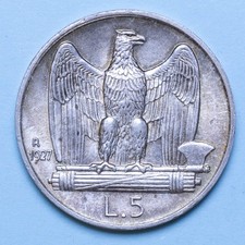 VITTORIO EMANUELE III 5 LIRE 1927** AQUILOTTO TONED FDC ARGENTO SILVER COIN