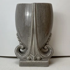 Vintage Pottery Vase Gray Ornate Art Deco Unmarked 10” Decorate Pot Planter