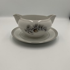 Kent China Silver Pine Gravy Boat Plate Attached Double Spout Made In Japan