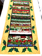 Handmade Quilted Table Runner Holiday 16 x 36" Holly Poinsettia