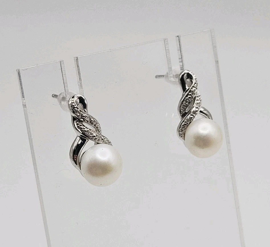 Regina Lane RL Sterling Silver Pearl & Diamond Twist Dangle Earrings - Image 2 of 4