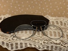Vintage Antique spring bridge eyeglasses Spectacles Wire Rim Case prince nez