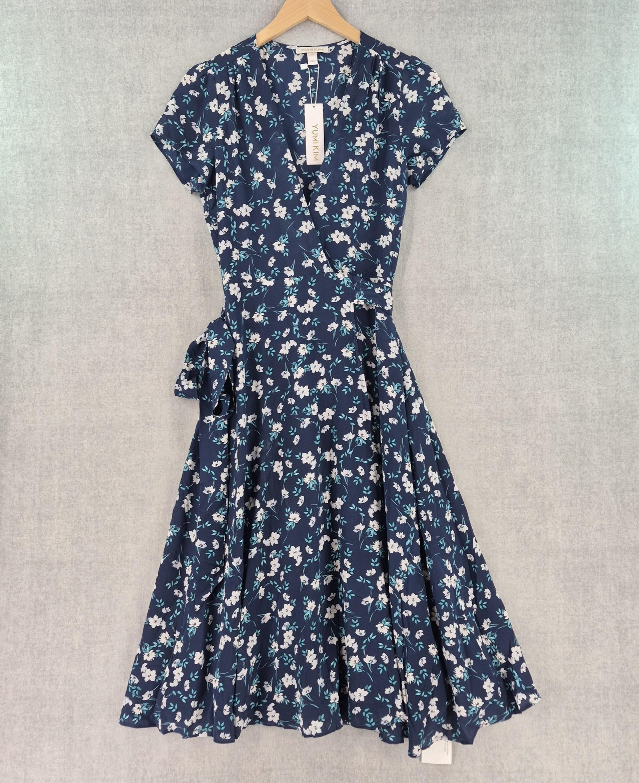 Yumi Kim Dress Womens XXS Blue Floral Spin Me Around Wrap Midi Short Sleeve Boho