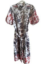 Karen Kane Batik Print Cotton Midi Shirt Dress Size XL Puff Sleeves Tie Waist