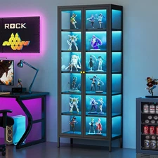 67" 6-Tier Steel Display Cabinet 13 LED Curio Storage Bookcase Adjustable Shelf