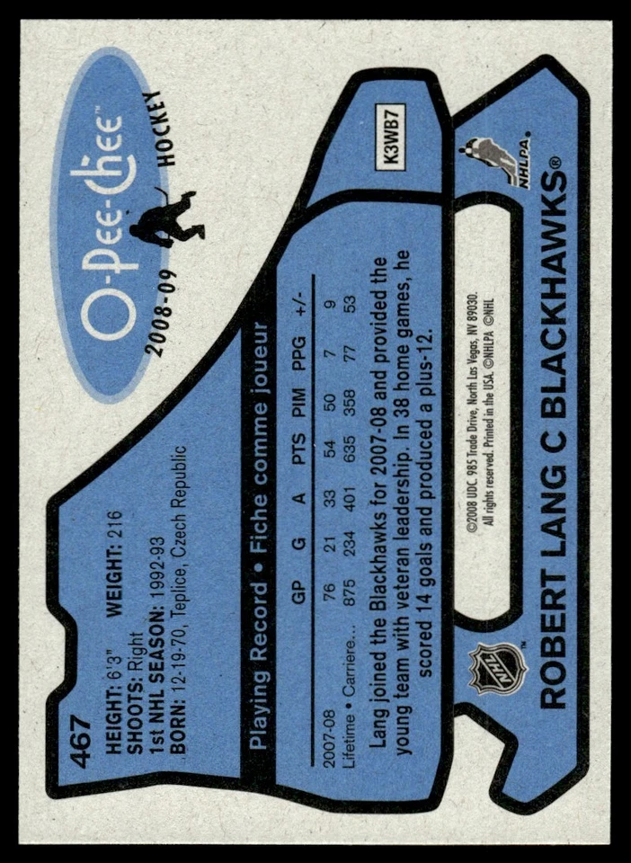 2008-09 O-Pee-Chee 1979-80 Retro Robert Lang Chicago Blackhawks #467 - Image 2 of 2
