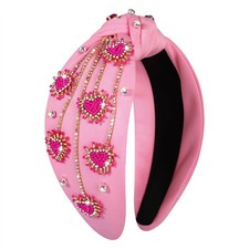 Valentines Day Headband, Rhinestone Beaded Heart, Crystal Knotted, Bejeweled