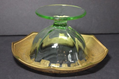 VINTAGE Heisey? Glass Pedestal Candy Dish/ Bowl Green with Gold trim - Picture 3 of 5